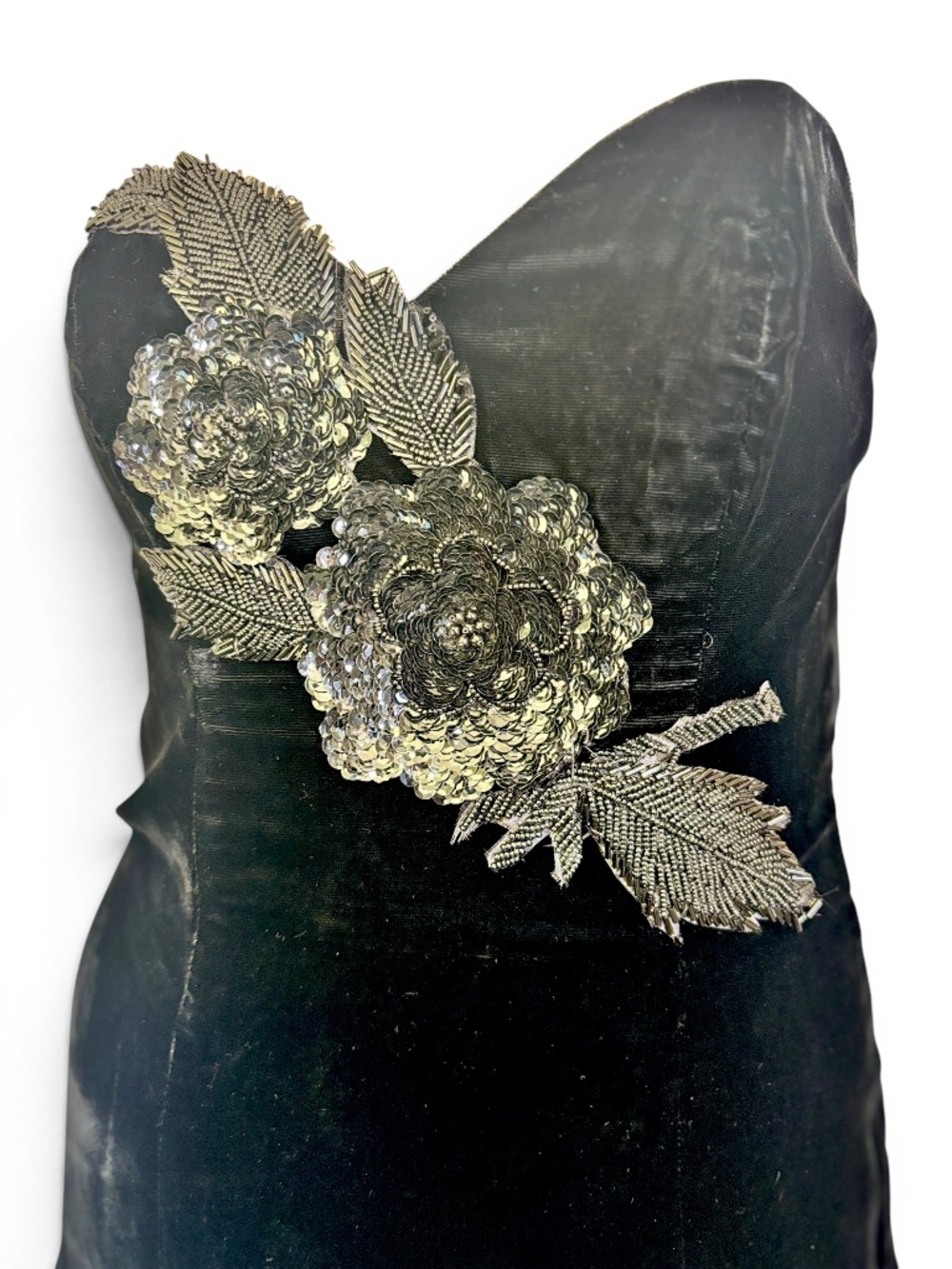 80s Alyce Designs Beaded Black Velvet Party Dress Strapless with Tiered Ruffles - Picture 7 of 13